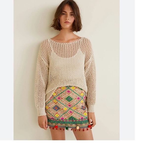 Mango Casual Mini Skirt Embroidered Geometric PomPom Trim Boho Festival - Picture 1 of 13